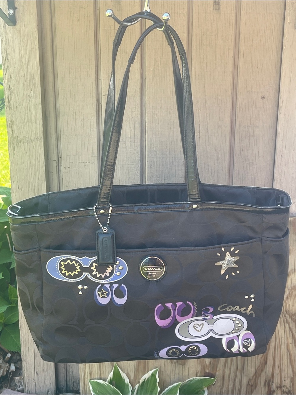 Coach Black Signature Tote with Purple and White Graphic Accents